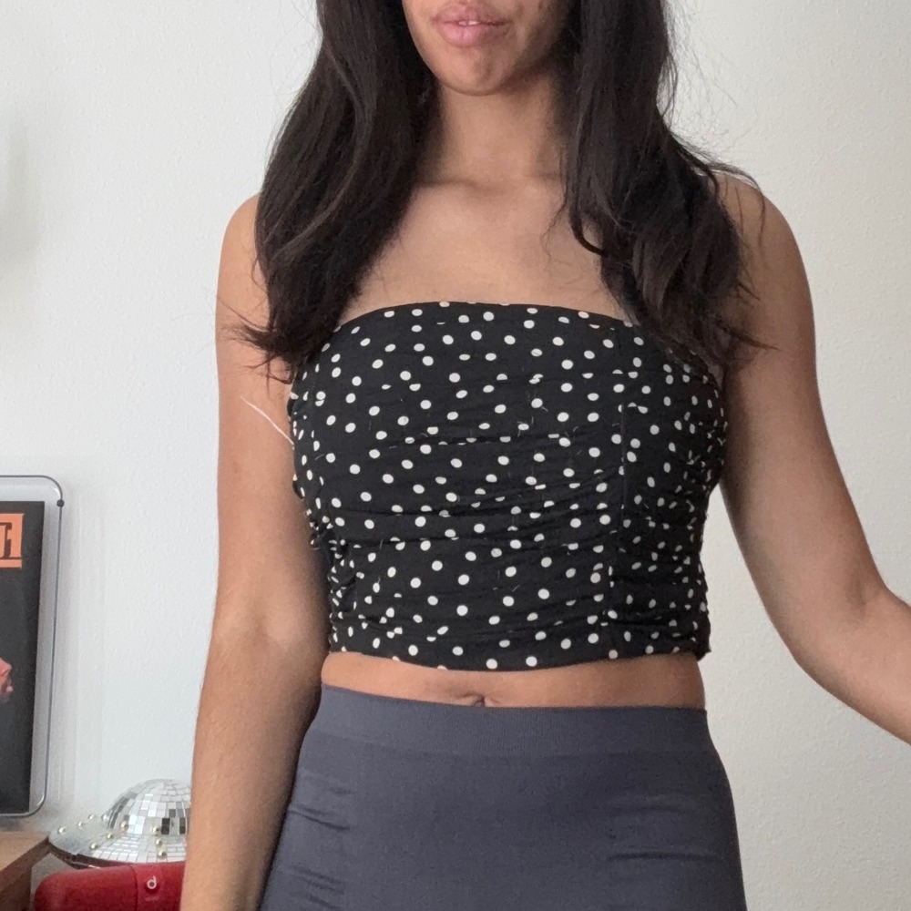 Express Black White Polka Dot Ruched Tube Top Strapless Smocked Crop Medium